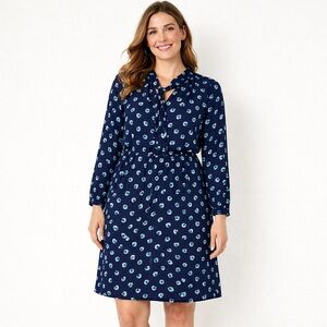 LOFT Navy Blue Aqua Floral Long Sleeve Tie-Neck Dress Size 14